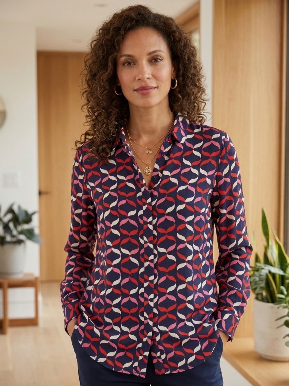 Boden Women’s Geometric Business Casual Officecore Silk Button Shirt Size  10